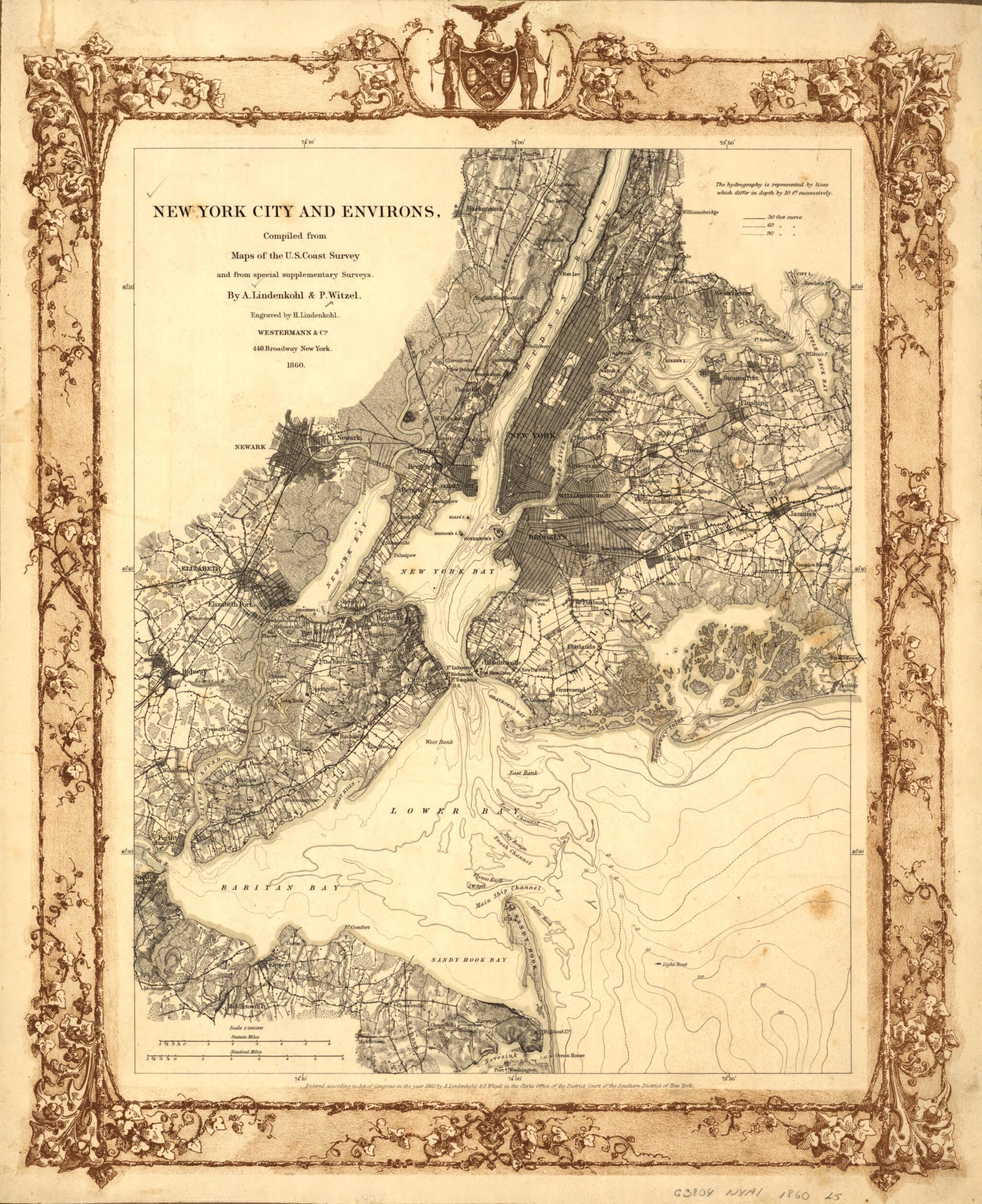 This old map of New York City and Environs from 1860 was created by A. Lindenkohl, Westermann & Co, P. Witzel in 1860