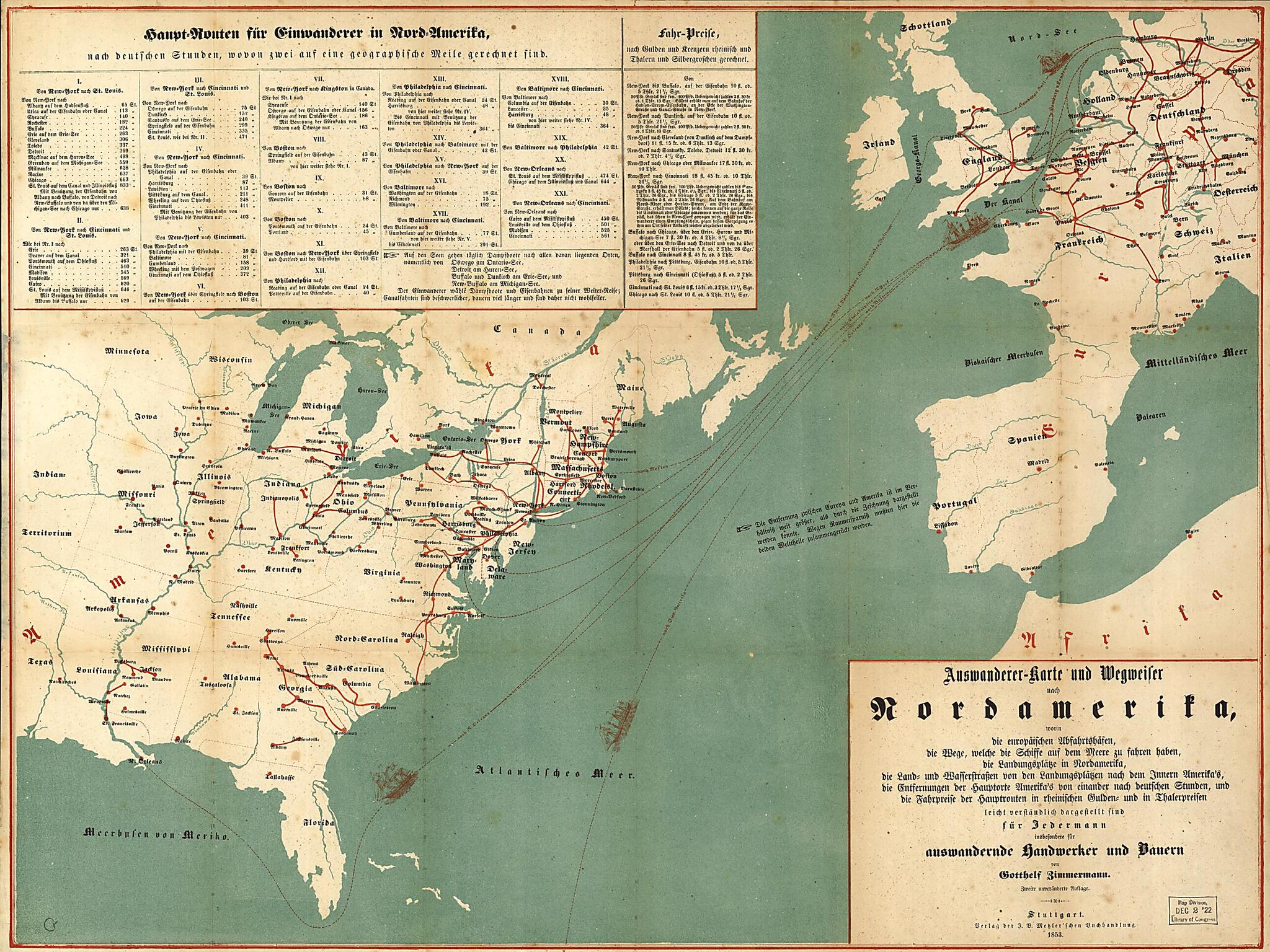 Karte Und Wegweiser Nach Nordamerika 1853 by Relic Map Company