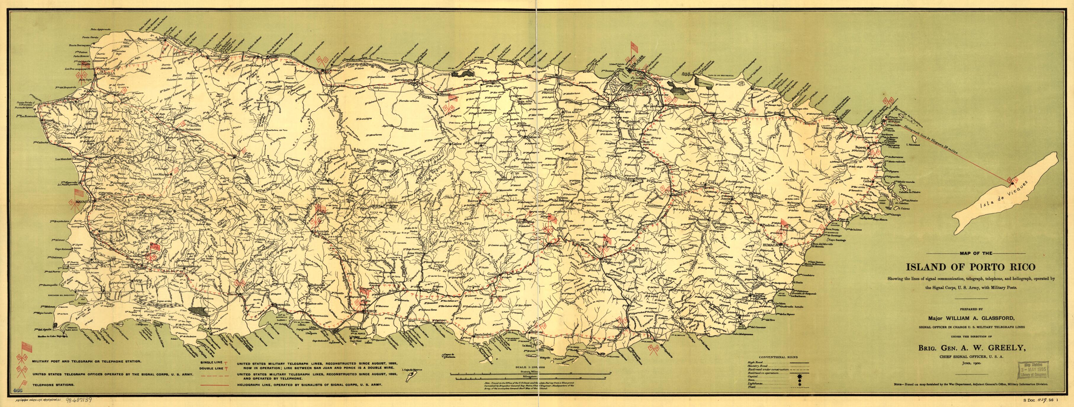 This old map of Map of the Island of Porto Rico Showing the Lines of Signal Communication, Telegraph, Telephone, and Heliograph, Operated by the Signals Corps, U.S. Army, With Military Posts from 1900 was created by William A. (William Alexander) Glassfo