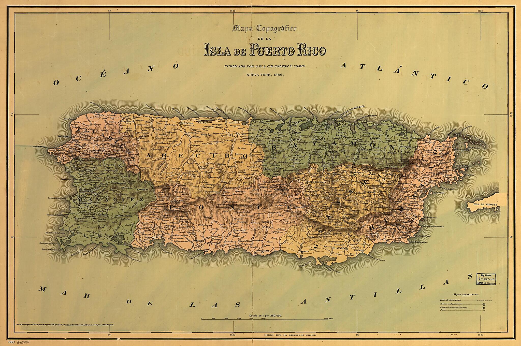 This old map of Mapa Topográfico De La Isla De Puerto Rico from 1886 was created by G.W. & C.B. Colton & Co in 1886