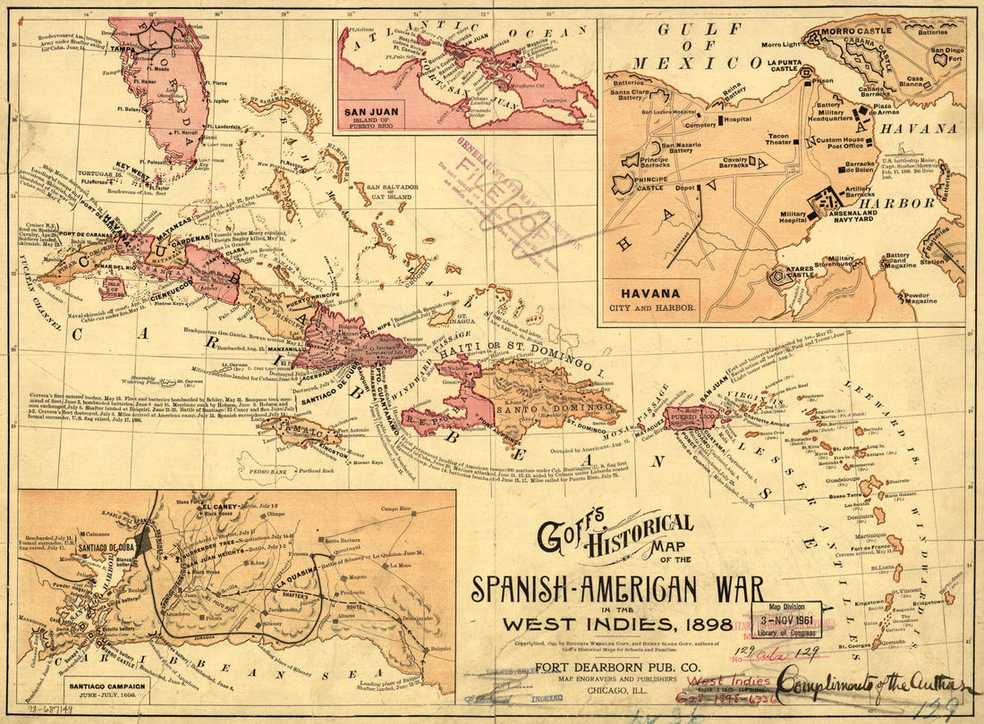 This old map of American War In the West Indies, from 1898 was created by Fort Dearborn Publishing Co, Eugenia A. Wheeler (Eugenia Almira Wheeler) Goff, Henry Slade Goff in 1898