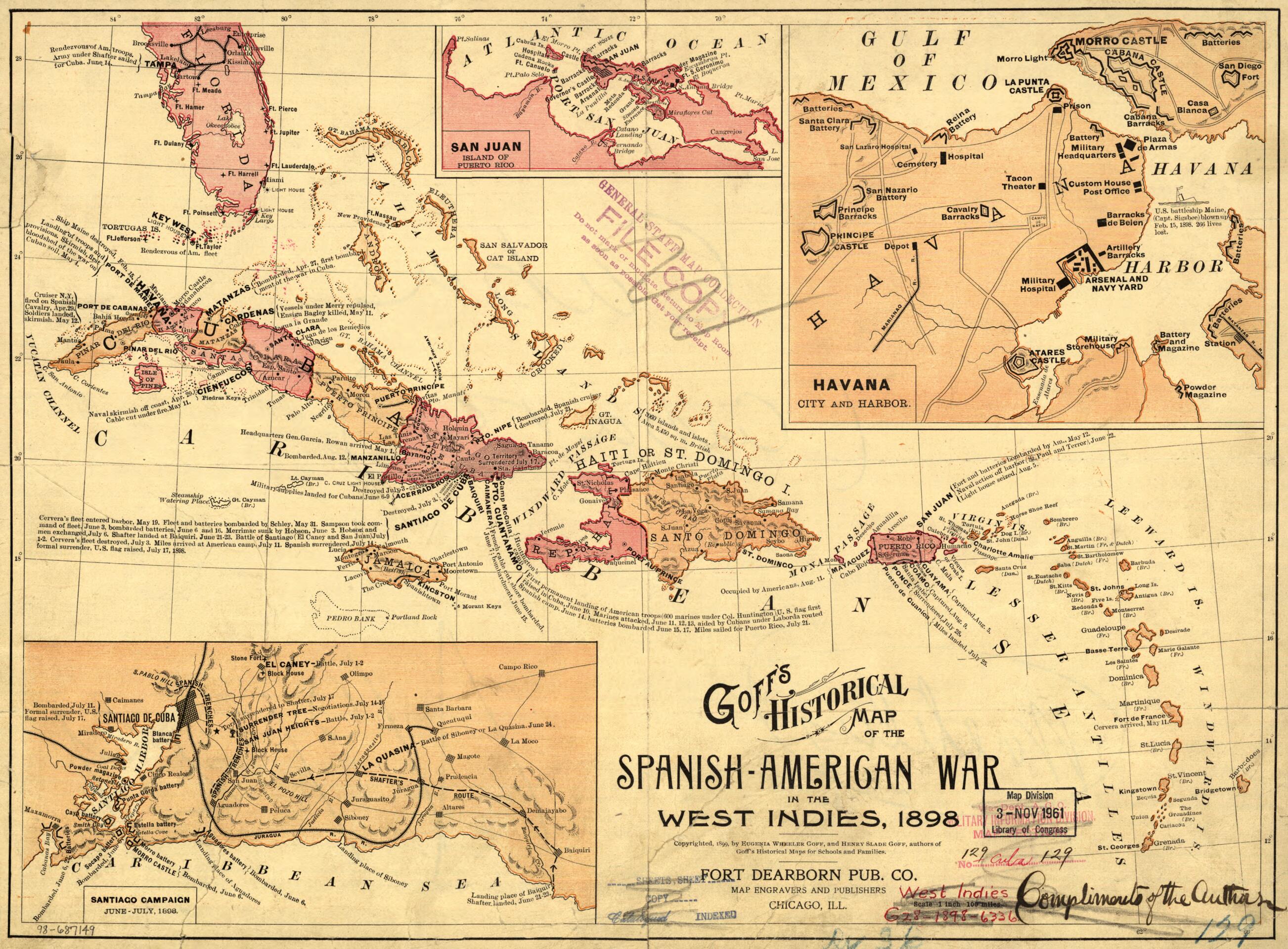 This old map of American War In the West Indies, from 1898 was created by Fort Dearborn Publishing Co, Eugenia A. Wheeler (Eugenia Almira Wheeler) Goff, Henry Slade Goff in 1898