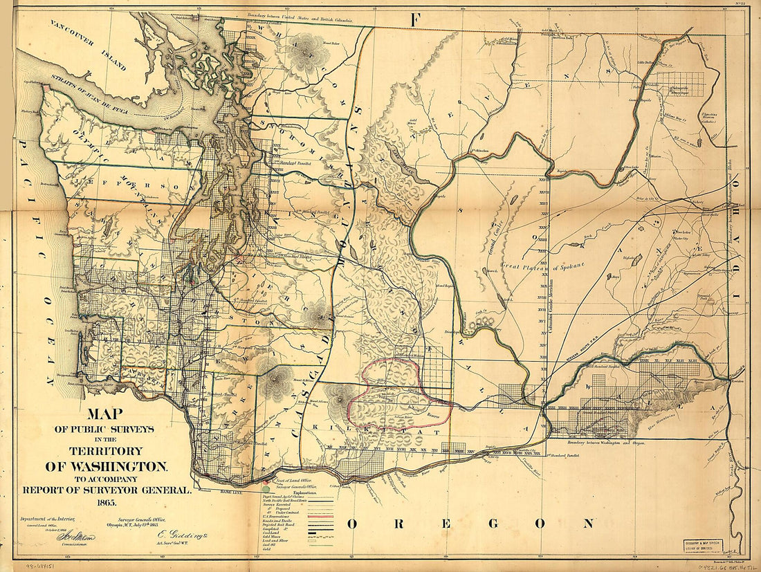 This old map of Map of Public Surveys In the Territory of Washington from 1865 was created by United States. General Land Office, Joseph S. Wilson in 1865