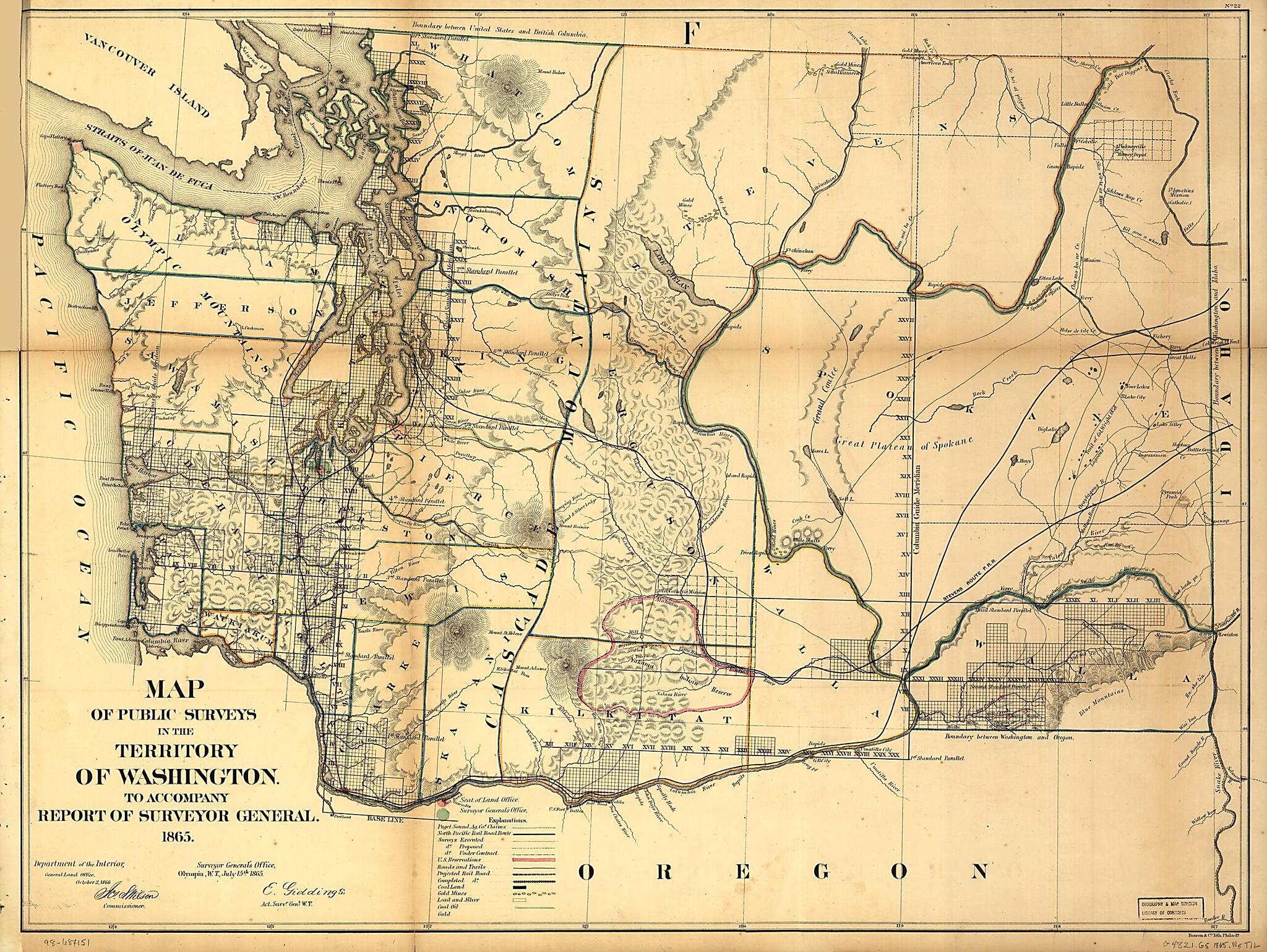 This old map of Map of Public Surveys In the Territory of Washington from 1865 was created by United States. General Land Office, Joseph S. Wilson in 1865