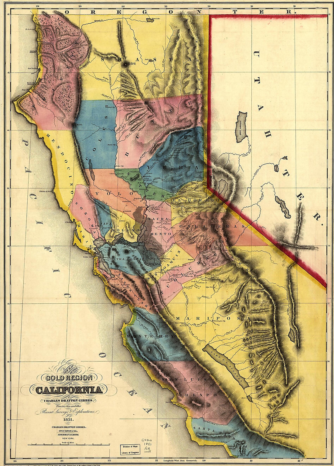This old map of A New Map of the Gold Region In California from 1851 was created by Charles Drayton Gibbes, Sherman & Smith in 1851
