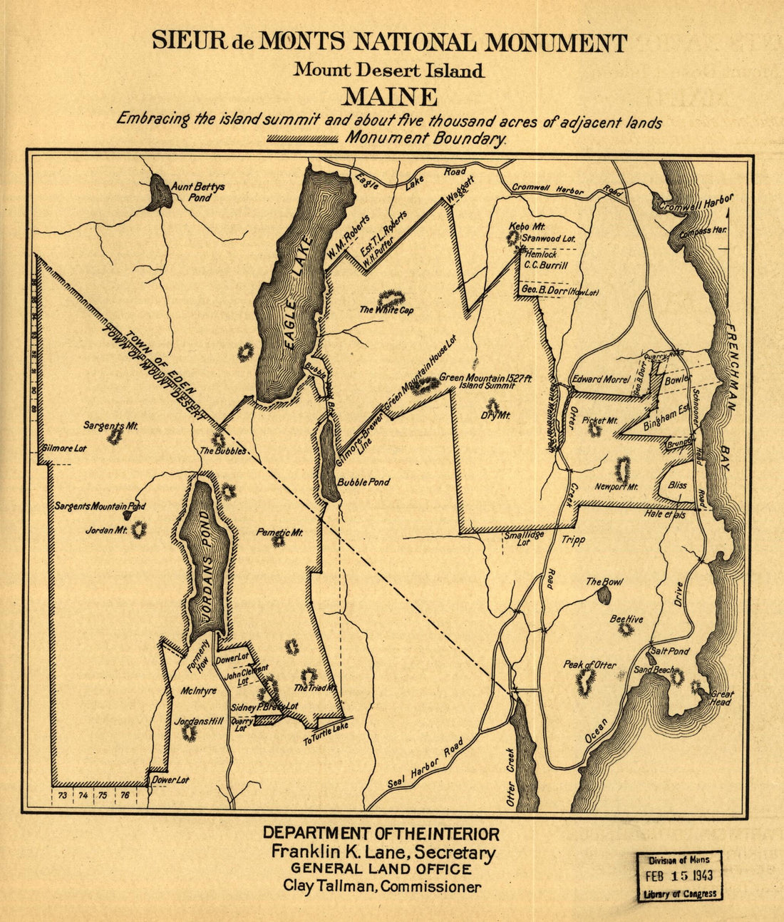 This old map of Sieur De Monts National Monument, Mount Desert Island, Maine from 1916 was created by United States. General Land Office in 1916