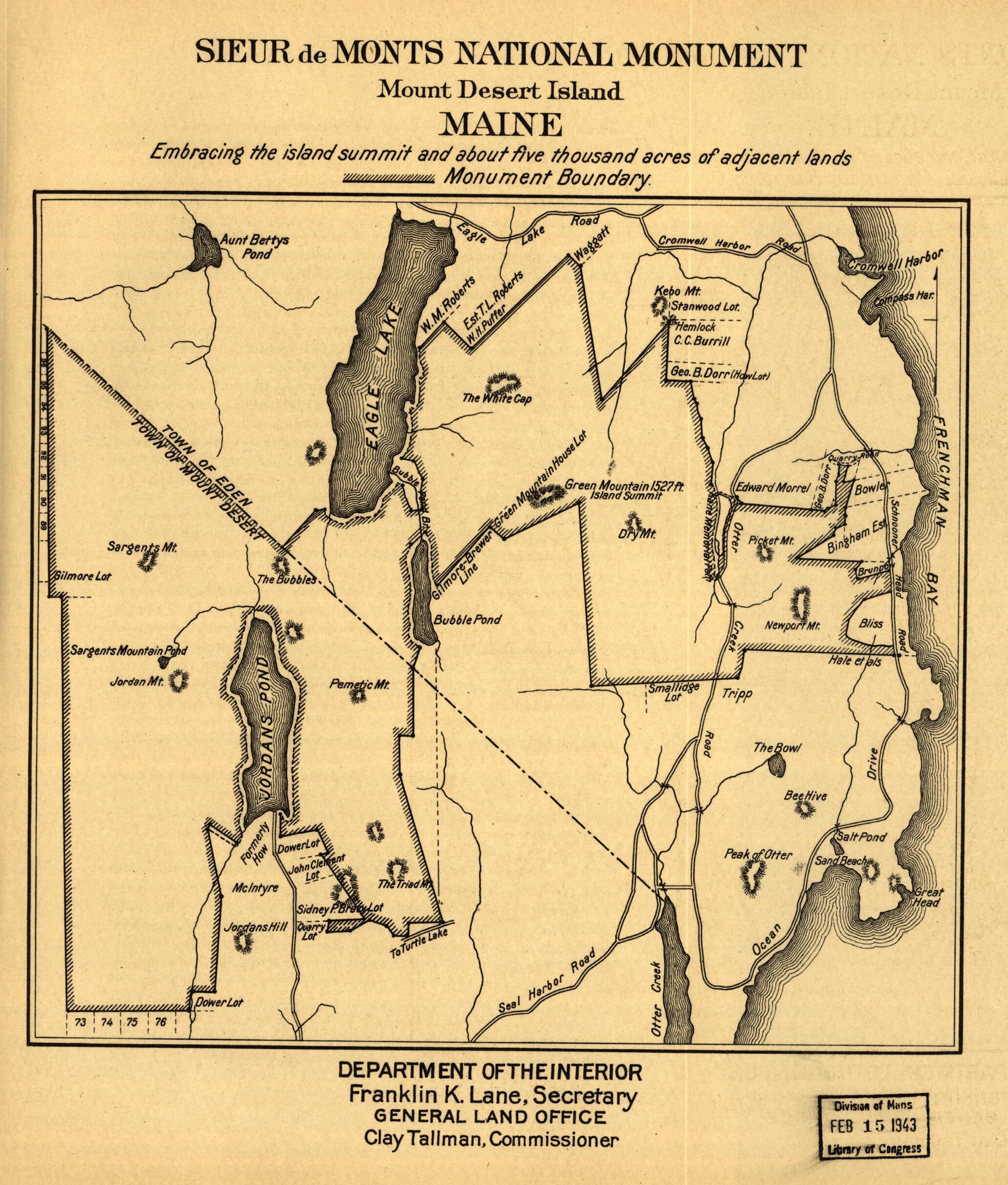 This old map of Sieur De Monts National Monument, Mount Desert Island, Maine from 1916 was created by United States. General Land Office in 1916