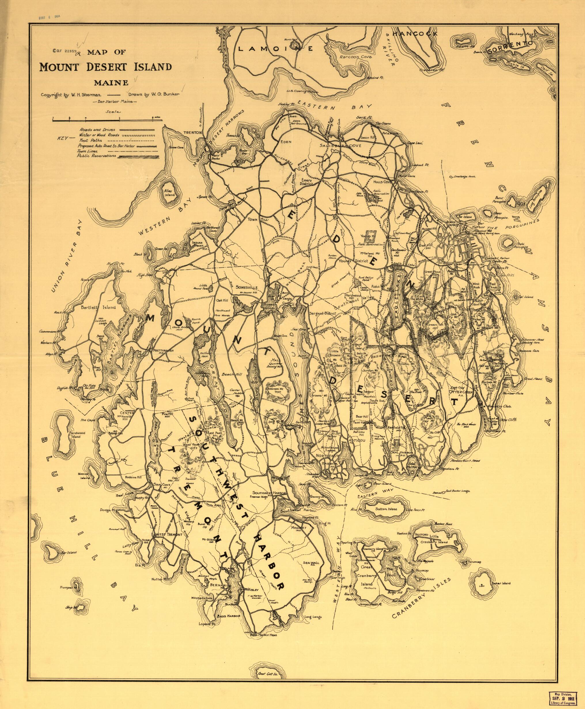 This old map of Map of Mount Desert Island, Maine from 1911 was created by W. G. Bunker, W. H. Sherman in 1911