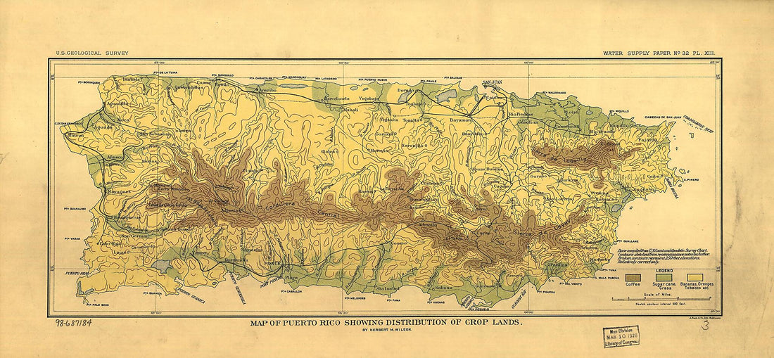 This old map of Map of Puerto Rico Showing Distribution of Crop Lands from 1899 was created by Geological Survey (U.S.), Herbert M. (Herbert Michael) Wilson in 1899