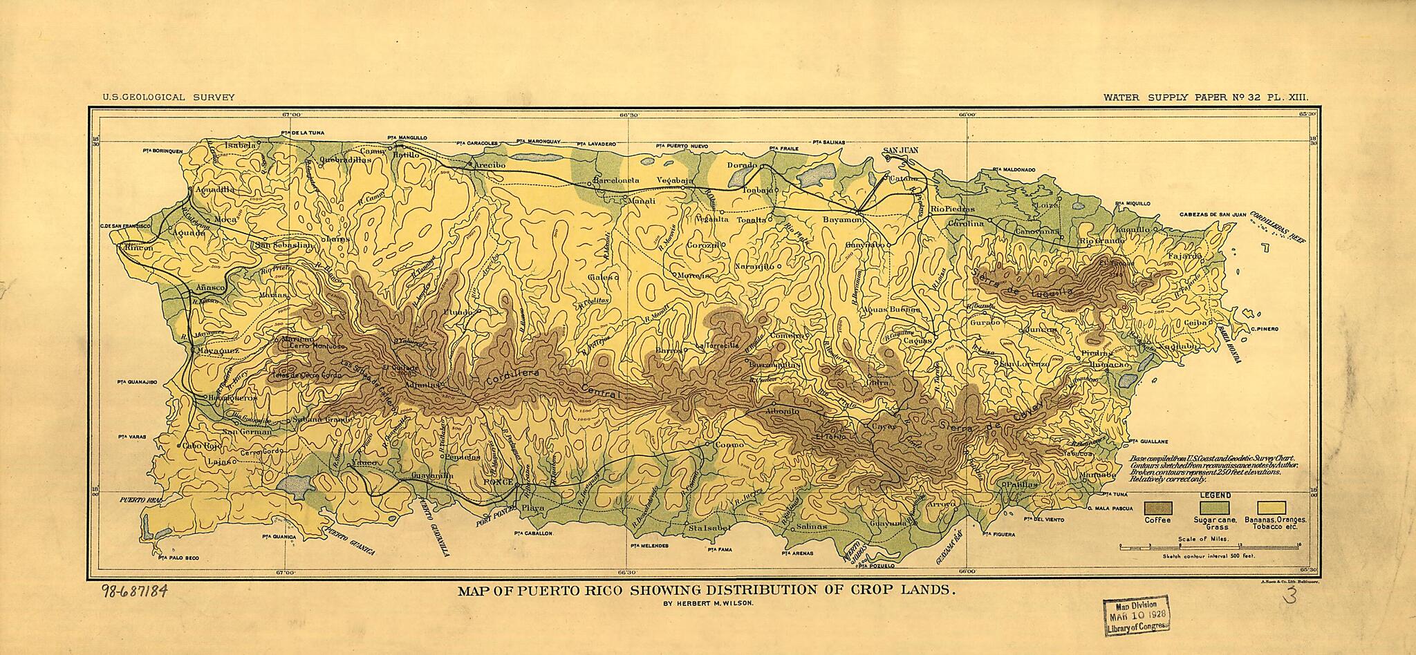 This old map of Map of Puerto Rico Showing Distribution of Crop Lands from 1899 was created by Geological Survey (U.S.), Herbert M. (Herbert Michael) Wilson in 1899