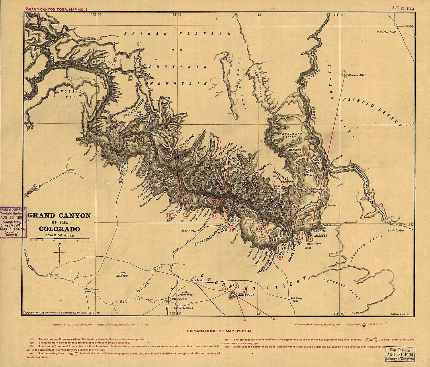 This old map of Grand Canyon of the Colorado from 1904 was created by  Underwood & Underwood in 1904