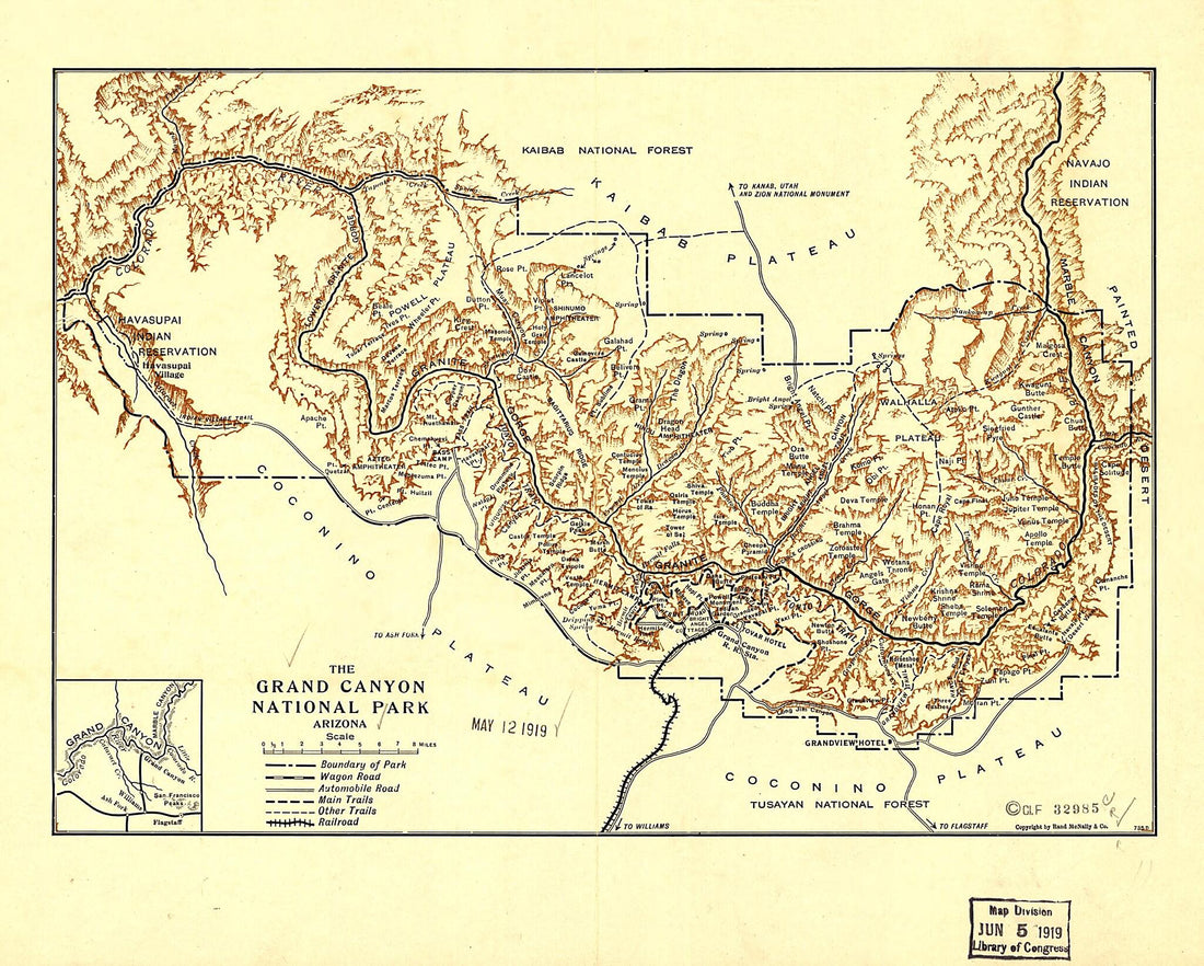 This old map of Grand Canyon National Park Arizona from 1919 was created by Rand McNally and Company in 1919