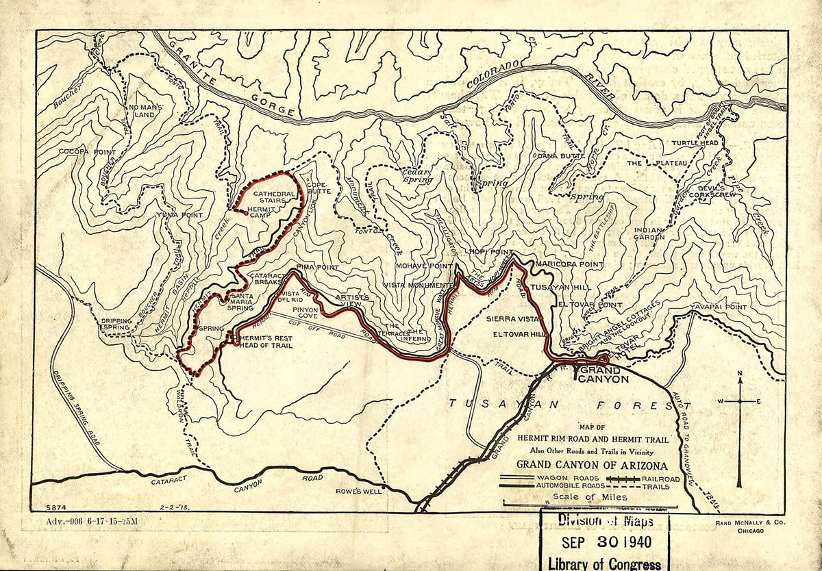 Map of Hermit Rim Road and Hermit Trail 1915 by Relic Map Company