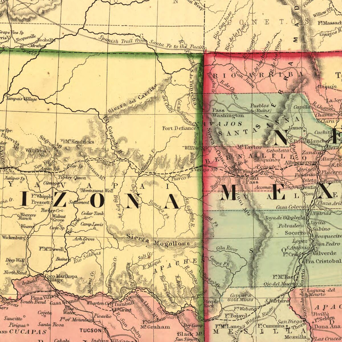 This old map of Arizona and New Mexico from 1867 was created by S. Augustus (Samuel Augustus) Mitchell in 1867