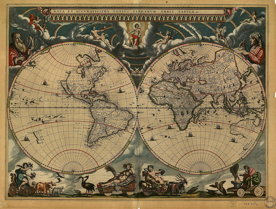 This old map of Nova Et Accuratissima Totius Terrarum Orbis Tabula from 1664 was created by Joan Blaeu in 1664