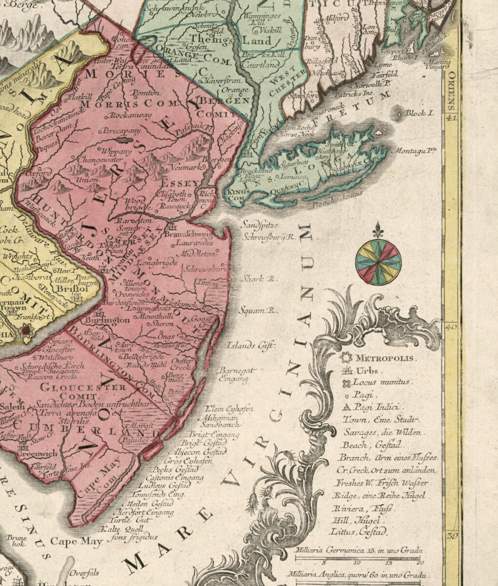 This old map of Pensylvania, Nova Jersey Et Nova York Cum Regionibus Ad Fluvium Delaware In America Sitis (Pennsylvania, Nova Jersey Et Nova York Cum Regionibus Ad Fluvium Delaware In America Sitis) from 1748 was created by Tobias Conrad Lotter in 1748
