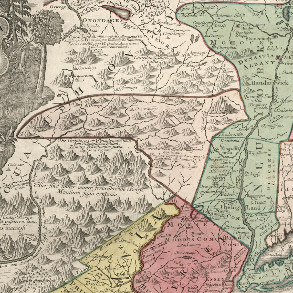 This old map of Pensylvania, Nova Jersey Et Nova York Cum Regionibus Ad Fluvium Delaware In America Sitis (Pennsylvania, Nova Jersey Et Nova York Cum Regionibus Ad Fluvium Delaware In America Sitis) from 1748 was created by Tobias Conrad Lotter in 1748