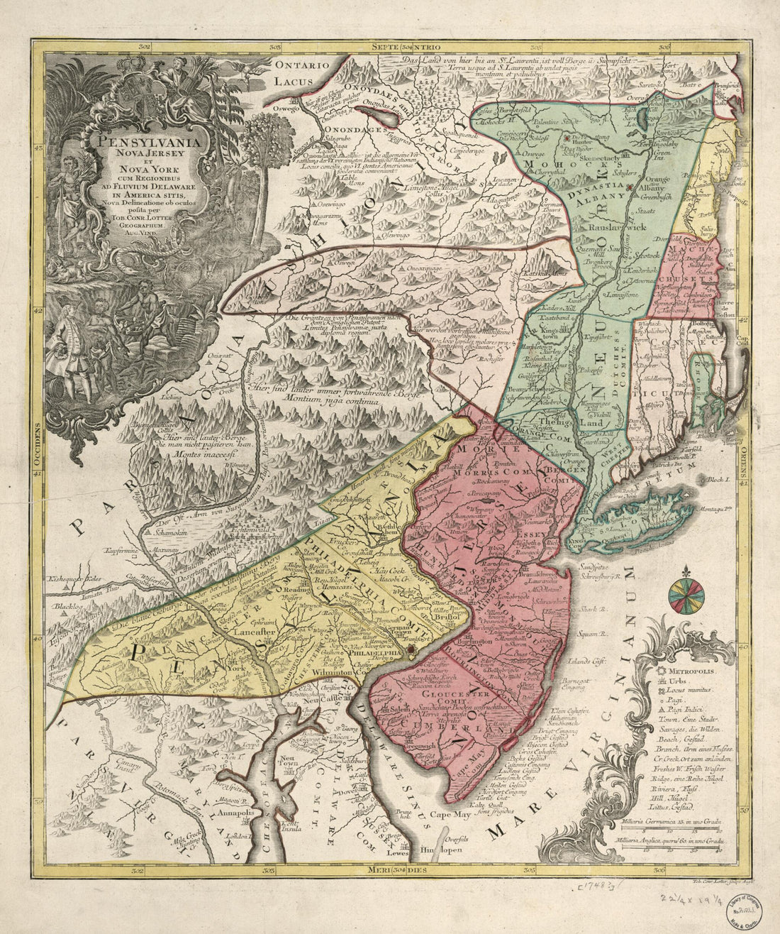 This old map of Pensylvania, Nova Jersey Et Nova York Cum Regionibus Ad Fluvium Delaware In America Sitis (Pennsylvania, Nova Jersey Et Nova York Cum Regionibus Ad Fluvium Delaware In America Sitis) from 1748 was created by Tobias Conrad Lotter in 1748