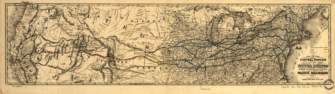 This old map of Map of the Central Portion of the United States Showing the Lines of the Proposed Pacific Railroads from 1850 was created by Union Pacific Railroad Company in 1850