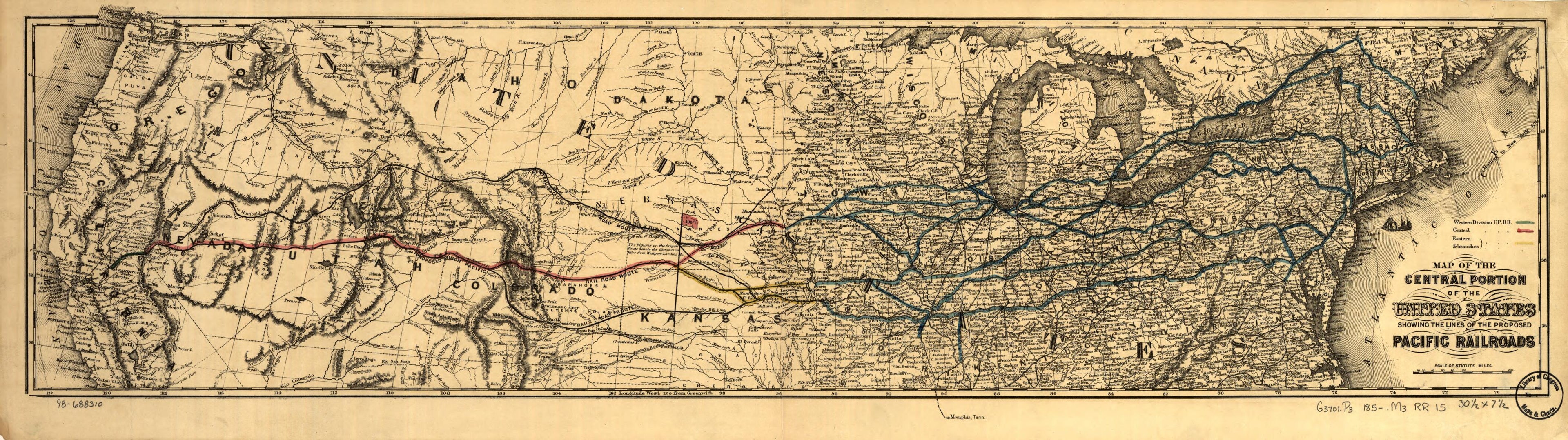 This old map of Map of the Central Portion of the United States Showing the Lines of the Proposed Pacific Railroads from 1850 was created by Union Pacific Railroad Company in 1850