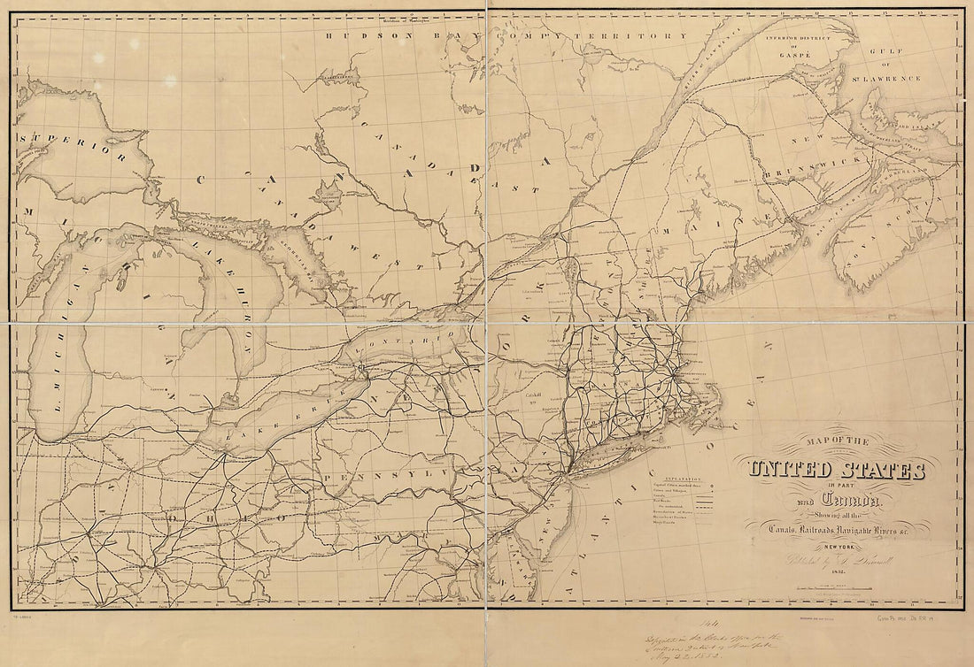 This old map of Map of the United States In Part and Canada, Showing All the Canals, Railroads, Navigable Rivers &c from 1852 was created by John Disturnell in 1852