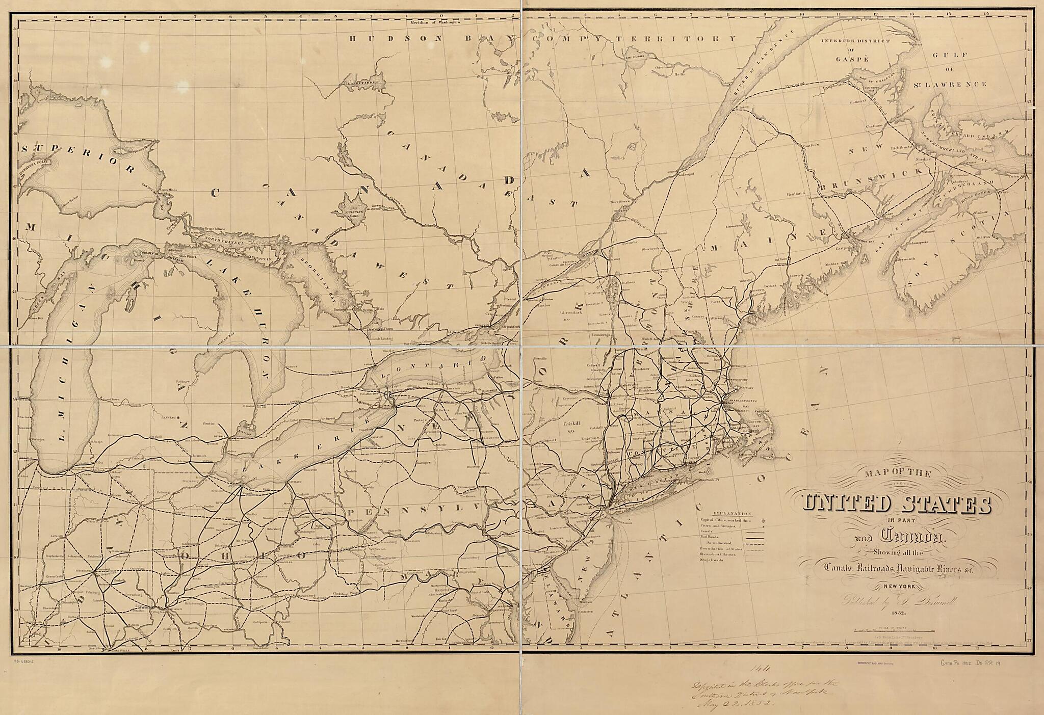 This old map of Map of the United States In Part and Canada, Showing All the Canals, Railroads, Navigable Rivers &c from 1852 was created by John Disturnell in 1852