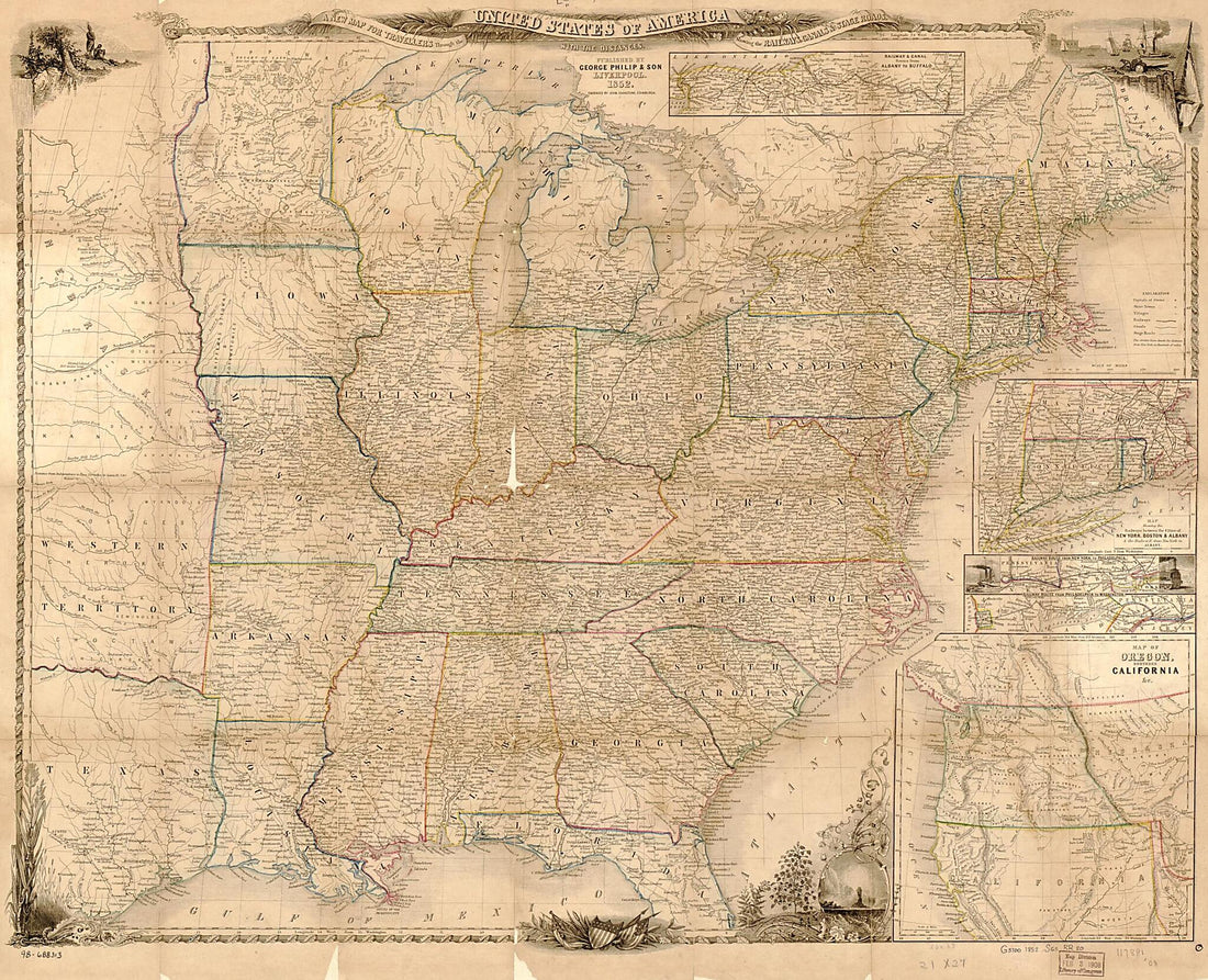 This old map of A New Map for Travellers Through the United States of America Showing the Railways, Canals & Stage Roads, With the Distances from 1852 was created by J. Calvin (John Calvin) Smith in 1852