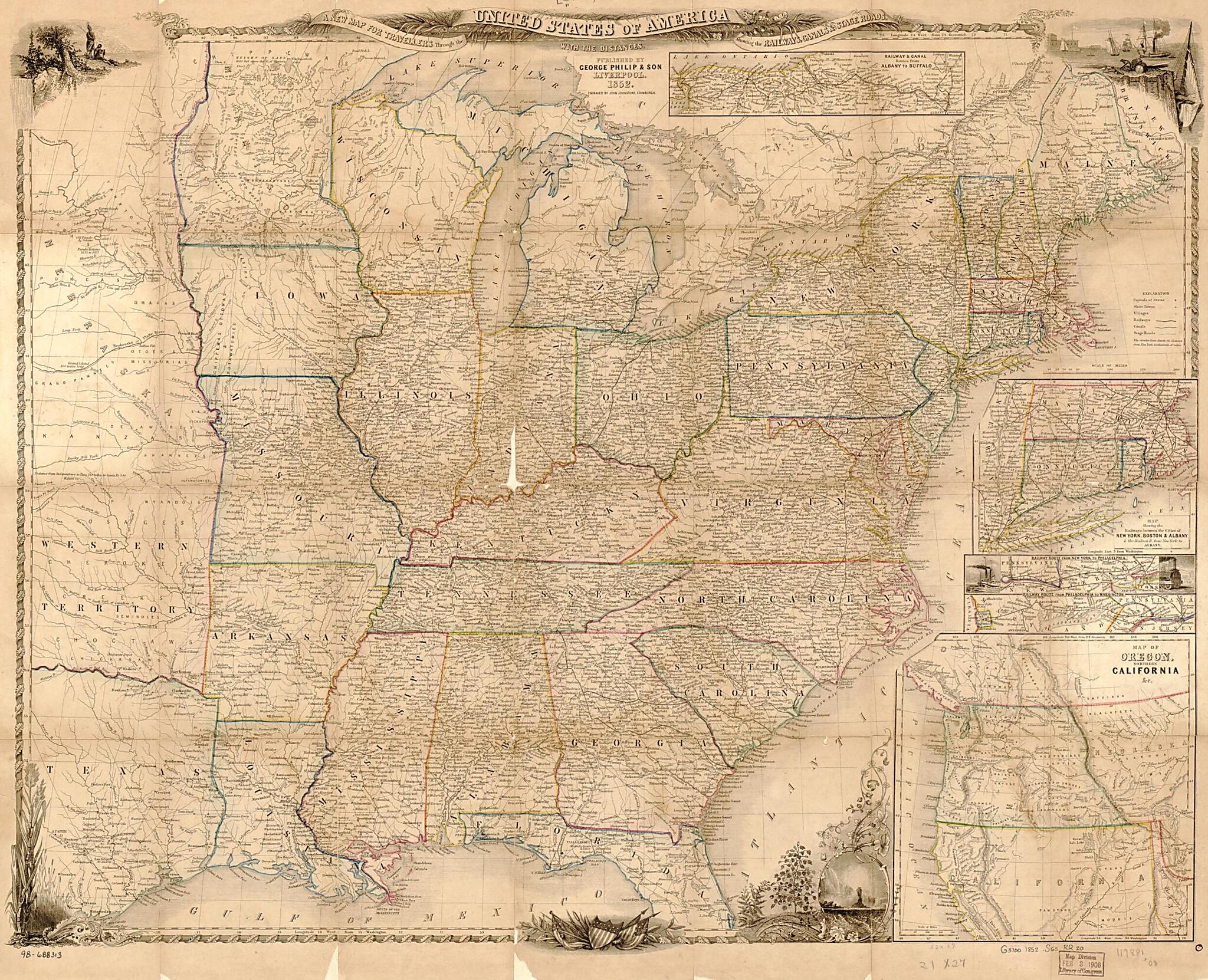 A New Map for Travellers Through the United States of America Showing the Railways, Canals & Stage Roads, With the Distances 1852 by Relic Map Company