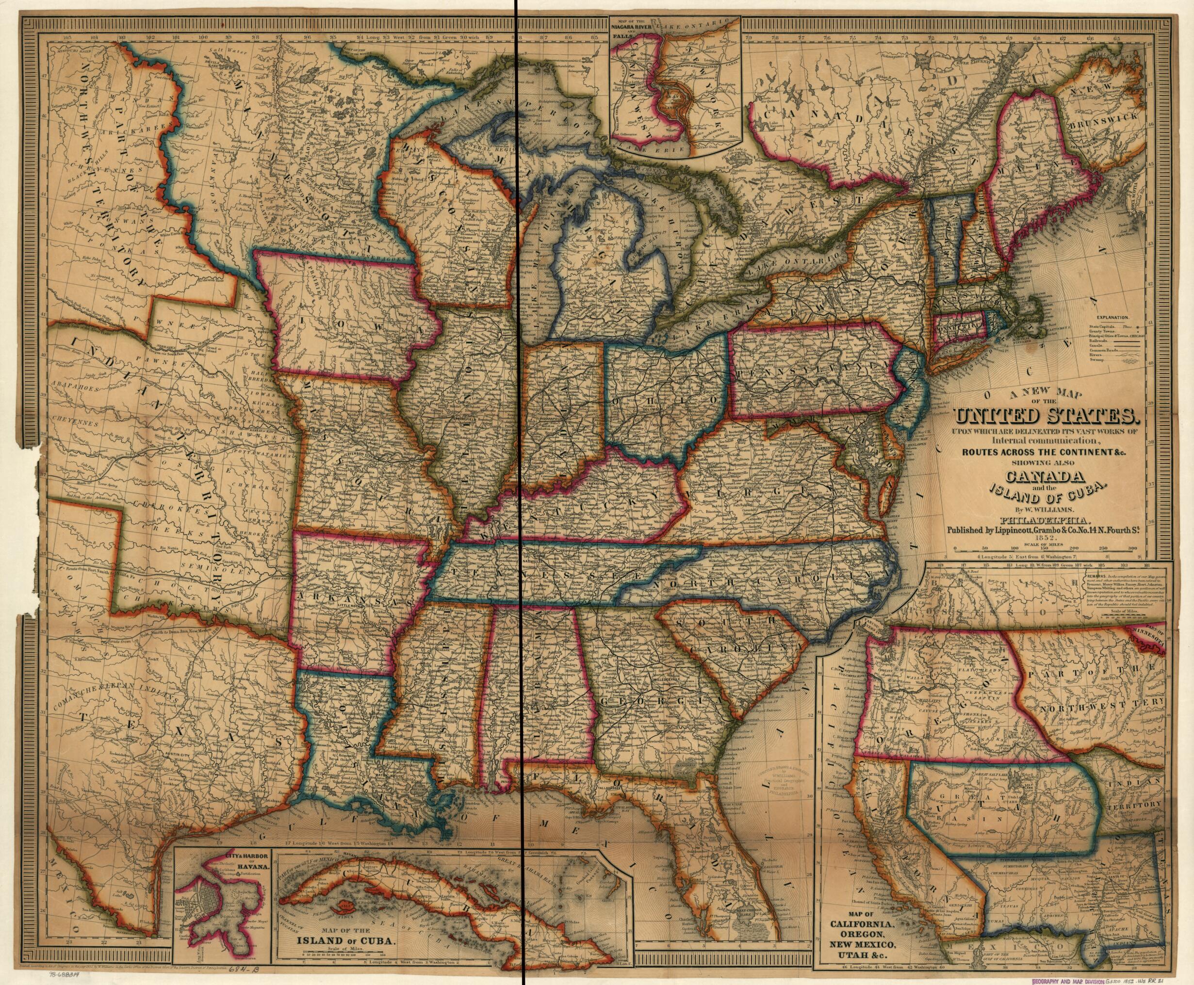 This old map of A New Map of the United States. Upon Which Are Delineated Its Vast Works of Internal Communication, Routes Across the Continent &c from 1852 was created by W. (Wellington) Williams in 1852
