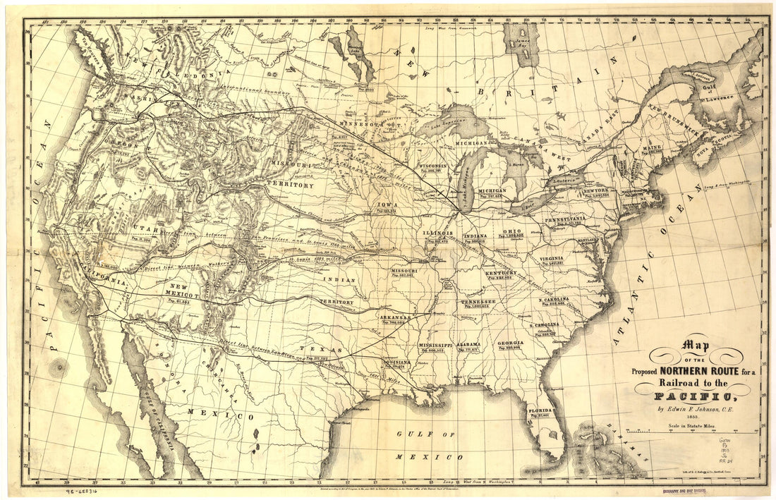 This old map of Map of the Proposed Northern Route for a Railroad to the Pacific from 1853 was created by Edwin Ferry Johnson in 1853