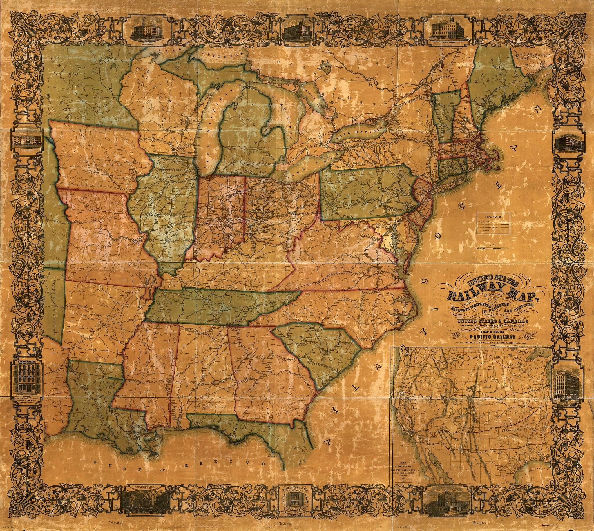 This old map of United States Railway Map, Showing All the Railways Completed In Progress and Proposed In the United States & Canadas With Their Stations, Distances & Connections Together With a Map of Routes for a Pacific Railway Carefully Compiled from