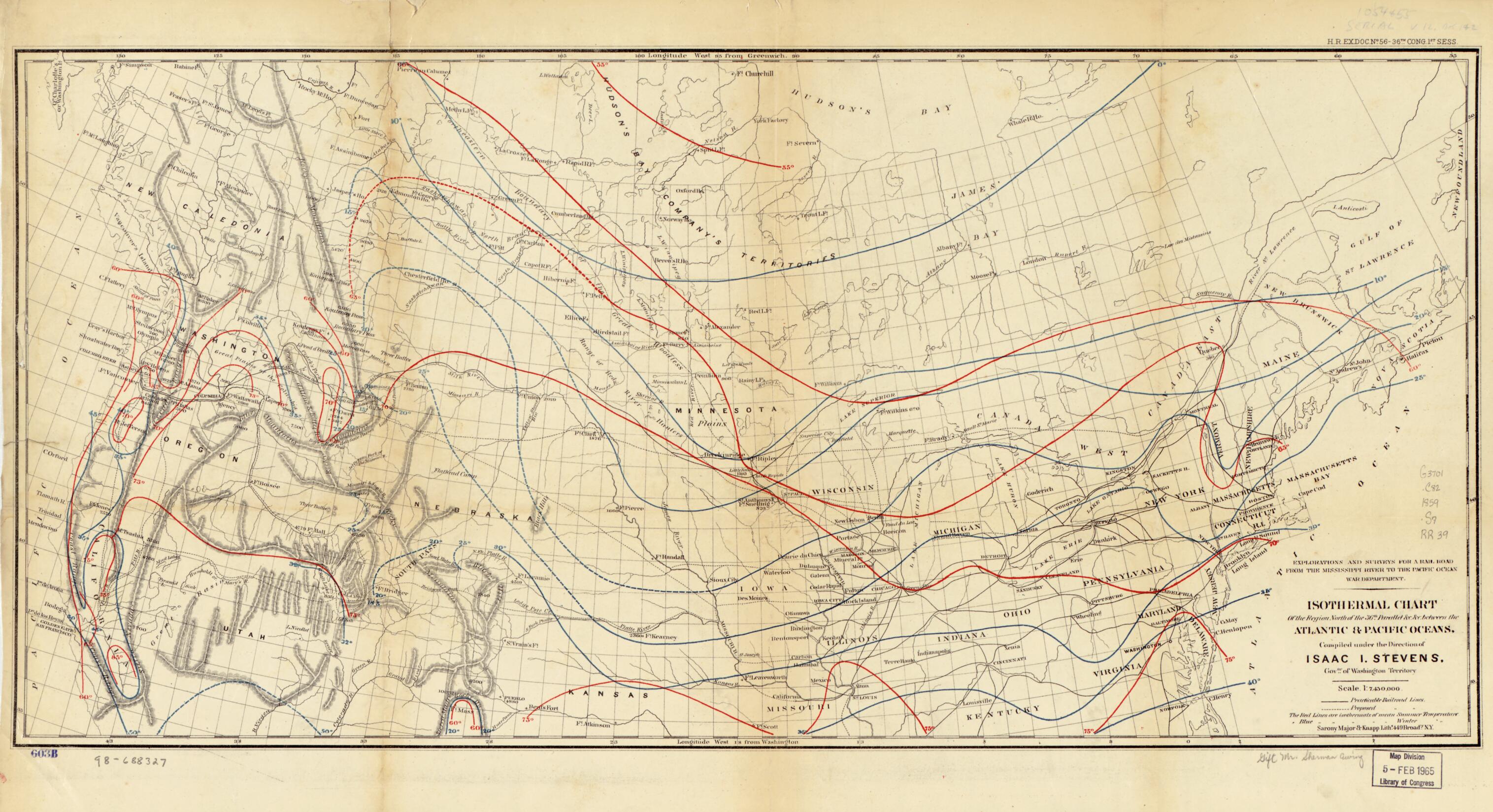 This old map of Isothermal Chart of the Region North of the 36th Parallel &c. &c. Between the Atlantic & Pacific Oceans; Compiled Under the Direction of Isaac I. Stevens, Govnr. of Washington Territory from 1859 was created by Isaac Ingalls Stevens in 18
