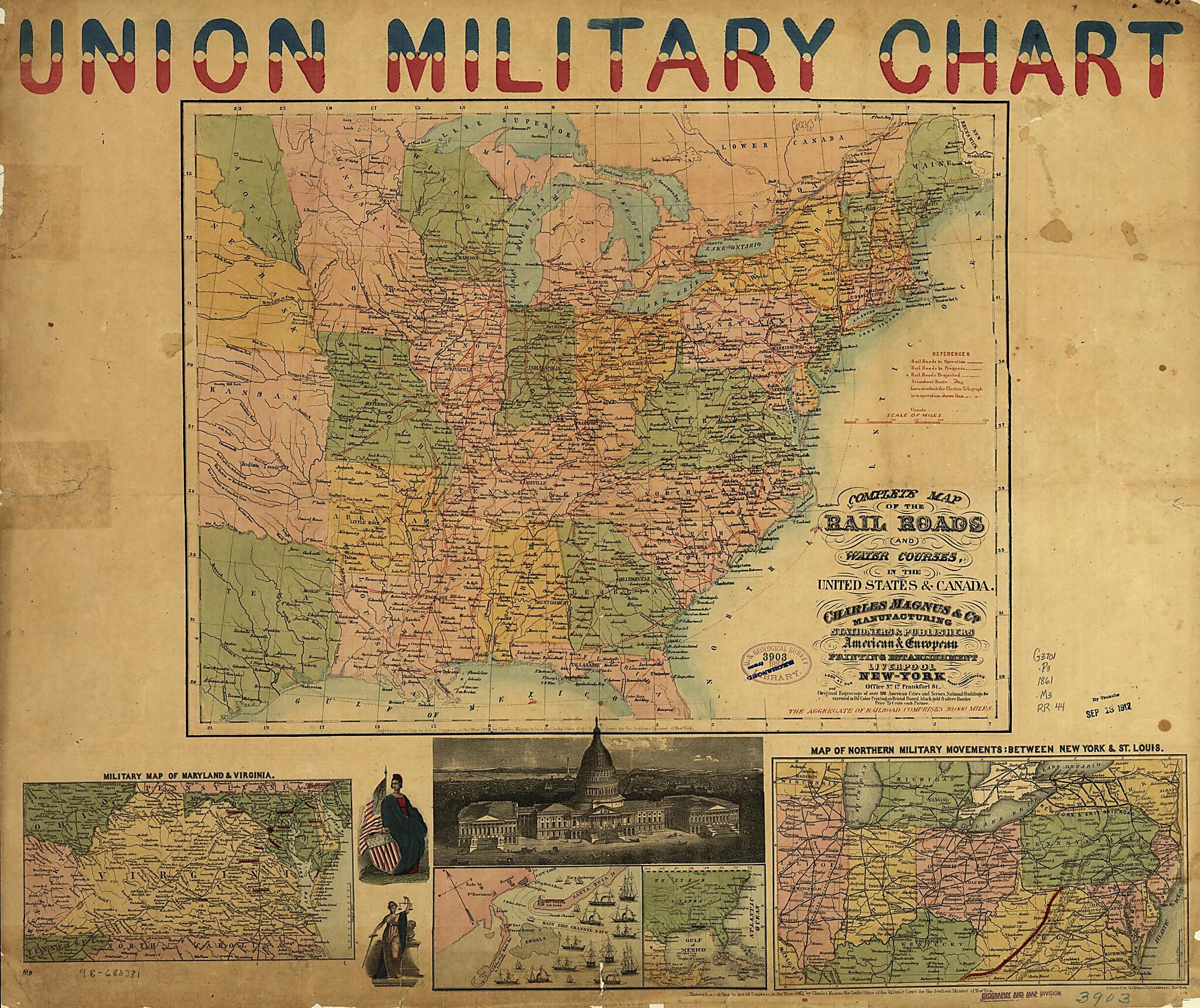 This old map of Complete Map of the Rail Roads and Water Courses, In the United States & Canada from 1861 was created by Charles Magnus in 1861