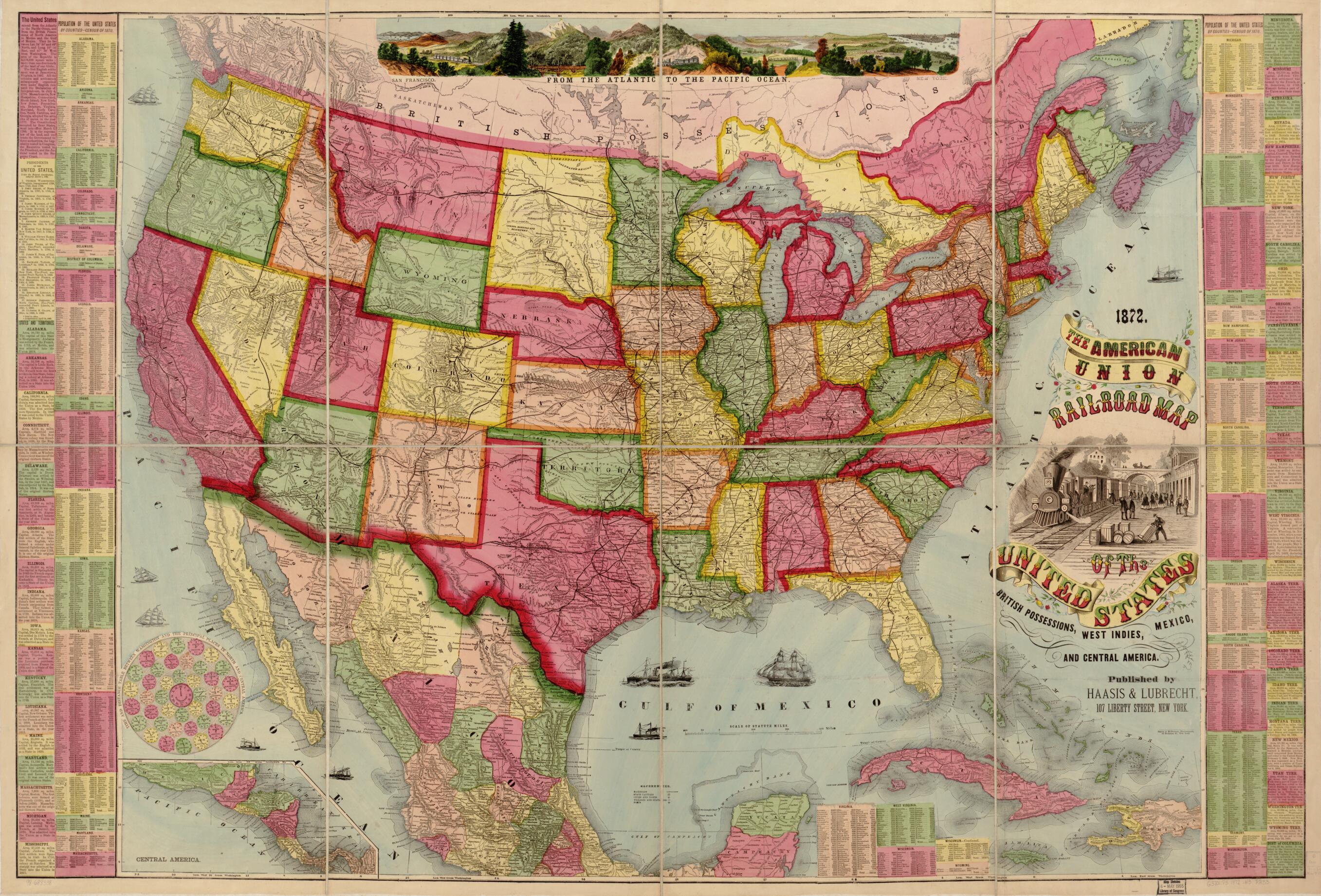 This old map of The American Union Railroad Map of the United States, British Possessions, West Indies, Mexico and Central America from 1872 was created by Haasis & Lubrecht in 1872
