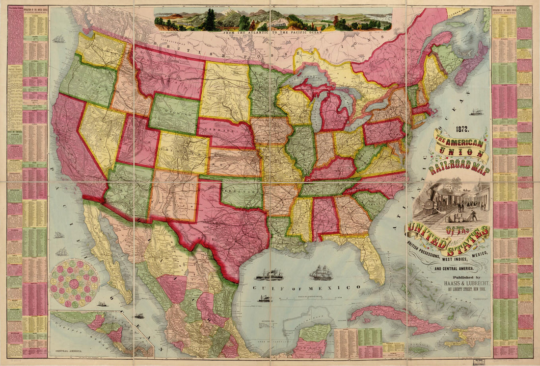 This old map of The American Union Railroad Map of the United States, British Possessions, West Indies, Mexico and Central America from 1872 was created by Haasis & Lubrecht in 1872