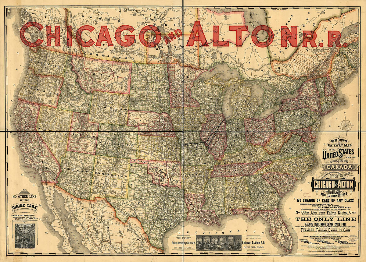 New County and Railway Map of the United States and the Dominion of Canada Compiled from Information Obtained from Official Sources Showing the Lines of the Chicago and Alton Railroad and Its Connections 1883 by Relic Map Company