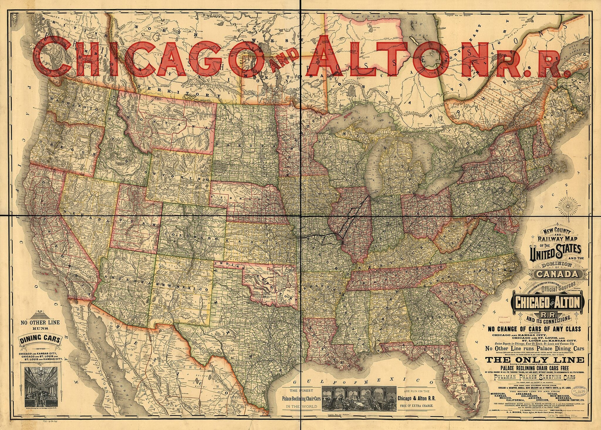 New County and Railway Map of the United States and the Dominion of Canada Compiled from Information Obtained from Official Sources Showing the Lines of the Chicago and Alton Railroad and Its Connections 1883 by Relic Map Company