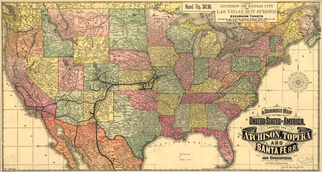This old map of A Correct Map of the United States of America Showing the Atchison, Topeka, and Santa Fé R.R. and Connections from 1888 was created by Rand McNally and Company in 1888