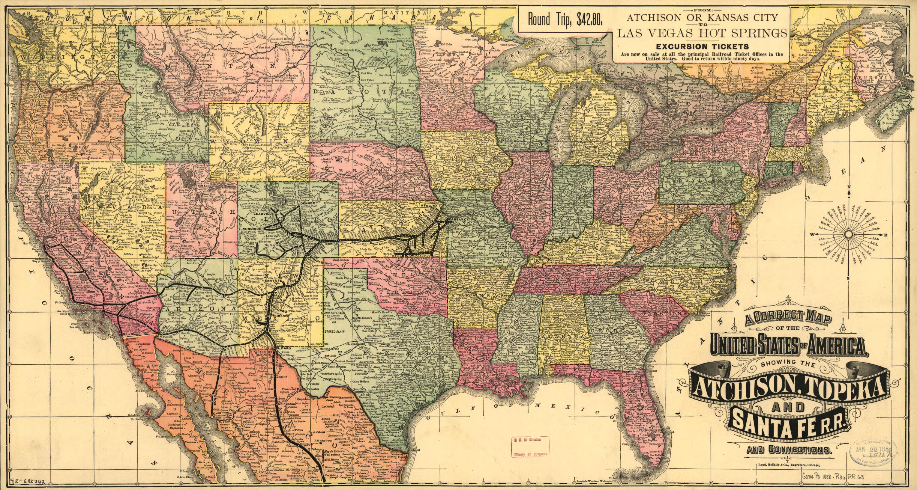 This old map of A Correct Map of the United States of America Showing the Atchison, Topeka, and Santa Fé R.R. and Connections from 1888 was created by Rand McNally and Company in 1888