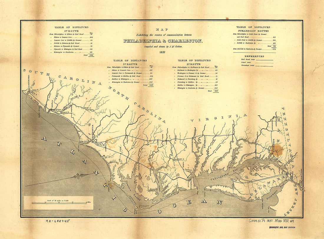 This old map of Map Exhibiting the Route of Communication Between Philadelphia & Charleston from 1837 was created by John McClellan in 1837