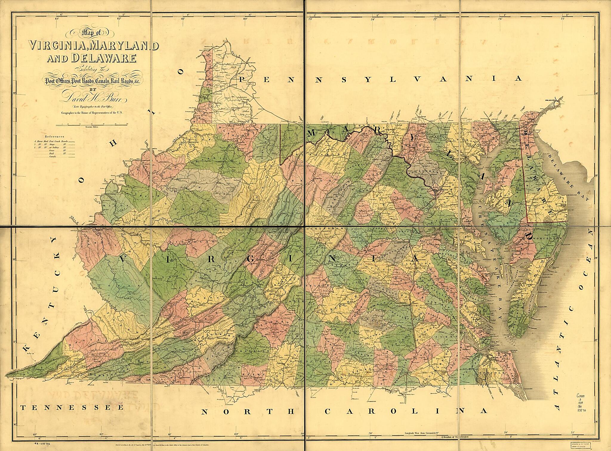 This old map of Map of Virginia, Maryland and Delaware Exhibiting the Post Offices, Post Roads, Canals, Rail Roads &c. (Delaware, Maryland, Virginia) from 1839 was created by John Arrowsmith, David H. Burr in 1839