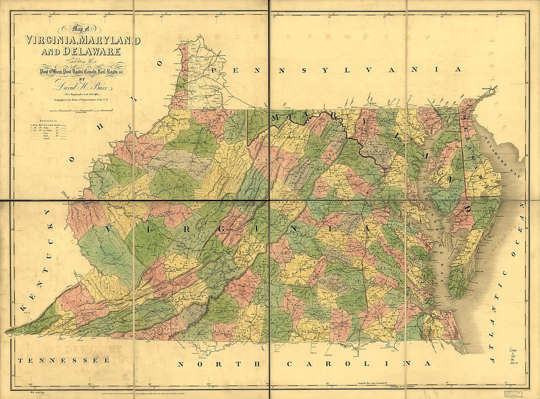 This old map of Map of Virginia, Maryland and Delaware Exhibiting the Post Offices, Post Roads, Canals, Rail Roads &c. (Delaware, Maryland, Virginia) from 1839 was created by John Arrowsmith, David H. Burr in 1839