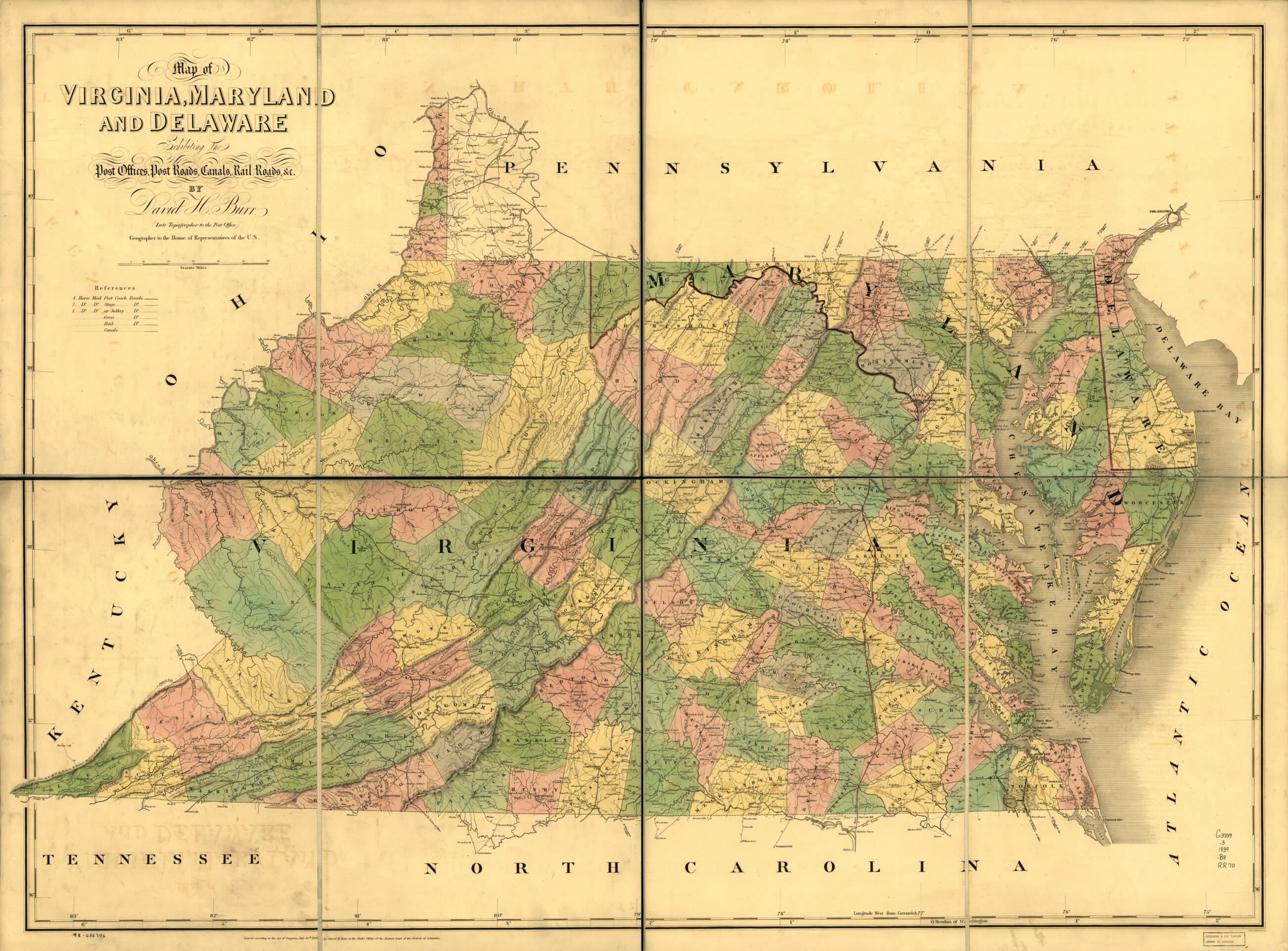 This old map of Map of Virginia, Maryland and Delaware Exhibiting the Post Offices, Post Roads, Canals, Rail Roads &c. (Delaware, Maryland, Virginia) from 1839 was created by John Arrowsmith, David H. Burr in 1839