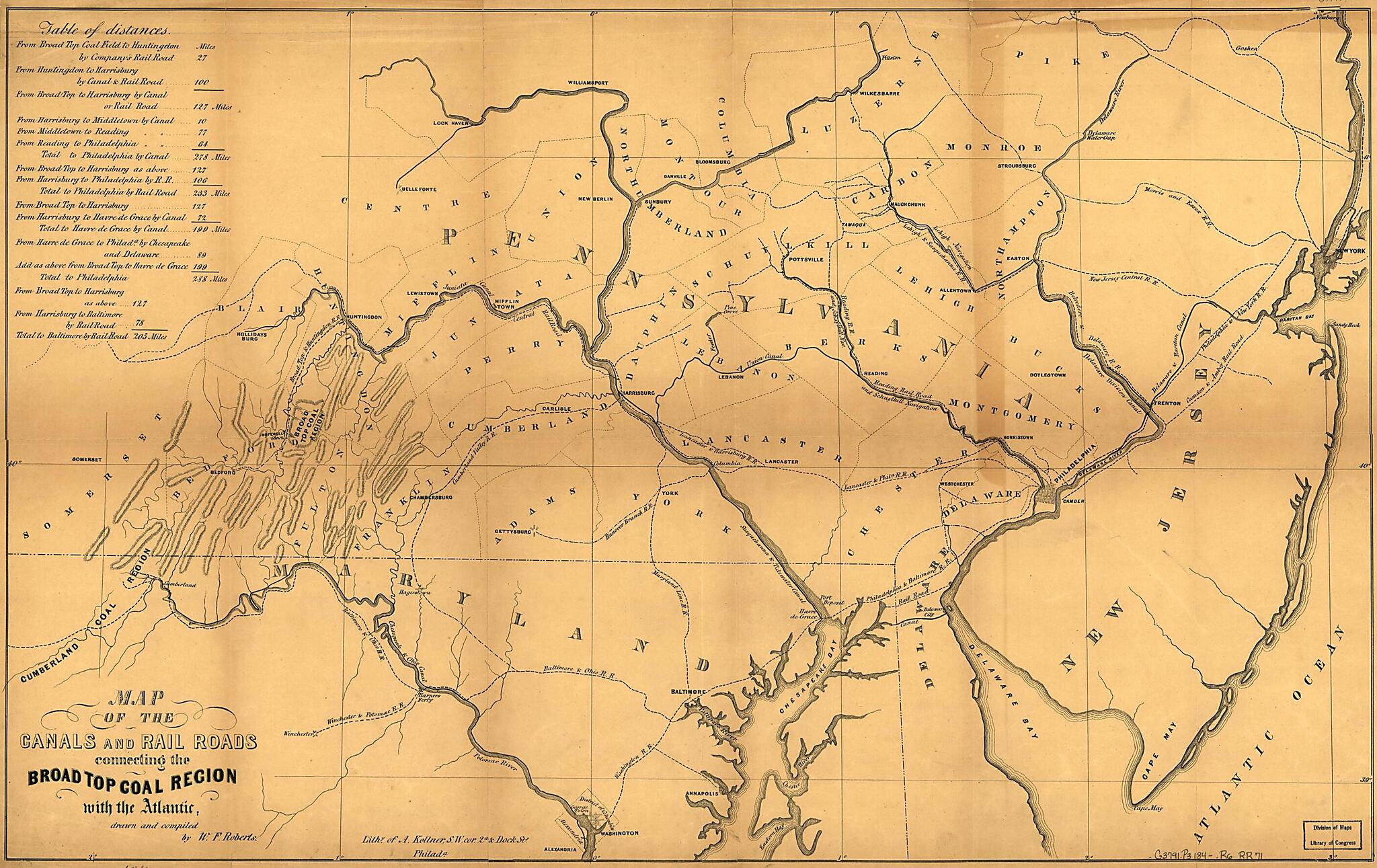 This old map of Map of the Canals and Rail Roads Connecting the Broad Top Coal Region With the Atlantic from 1840 was created by W. F. Robert in 1840