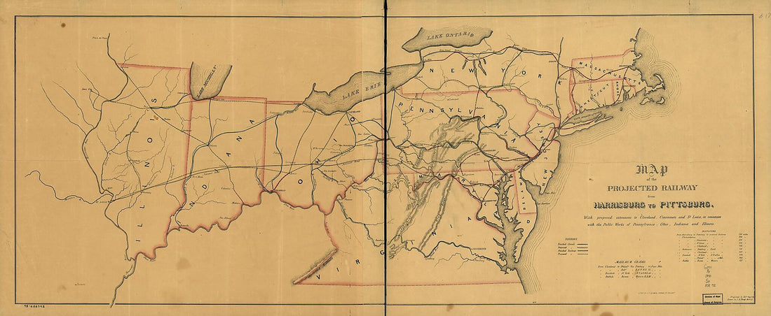 This old map of Map of the Projected Railway from Harrisburg to Pittsburg sic With Proposed Extensions to Cleveland, Cincinnati and St. Louis, In Connexion sic With the Public Works of Pennsylvania, Ohio, Indiana and Illinois from 1840 was created by J.