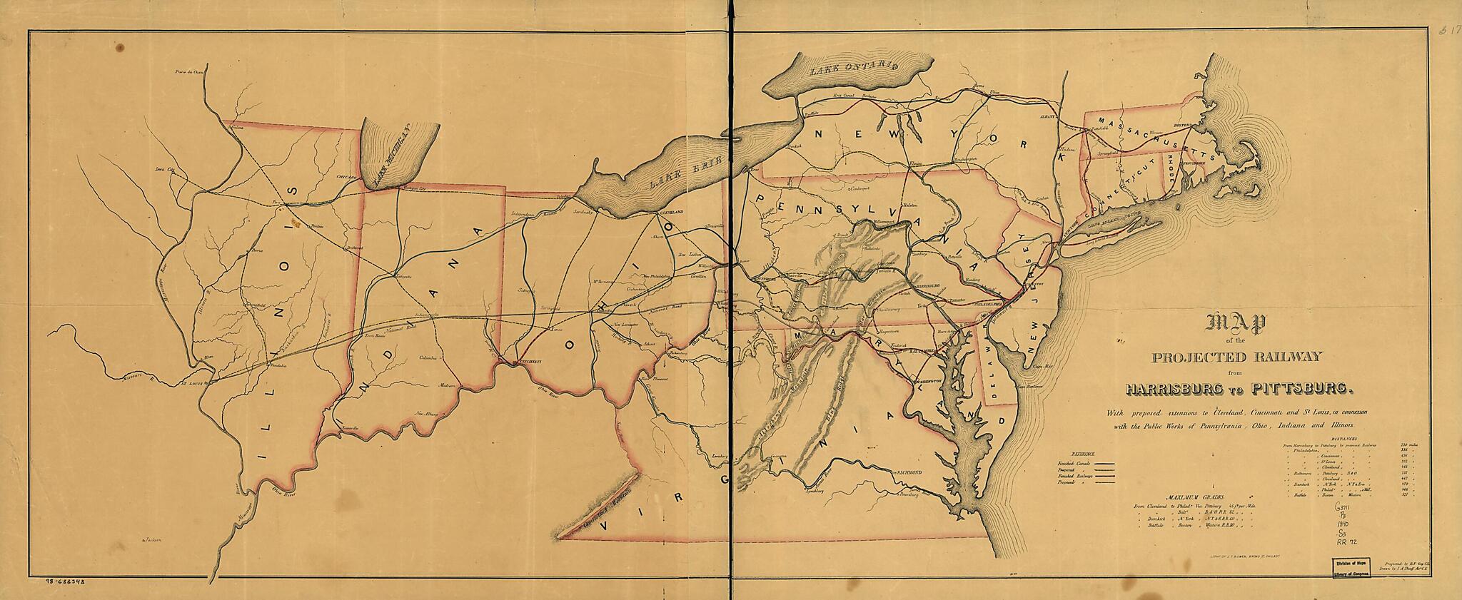 This old map of Map of the Projected Railway from Harrisburg to Pittsburg sic With Proposed Extensions to Cleveland, Cincinnati and St. Louis, In Connexion sic With the Public Works of Pennsylvania, Ohio, Indiana and Illinois from 1840 was created by J.