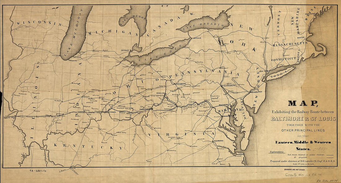 This old map of Map, Exhibiting the Railway Route Between Baltimore & St. Louis, Together With the Other Principal Lines In the Eastern, Middle & Western States; Prepared Under the Direction of B. H. Latrobe, Ch. Engr. B. & O. R.R from 1843 was created b