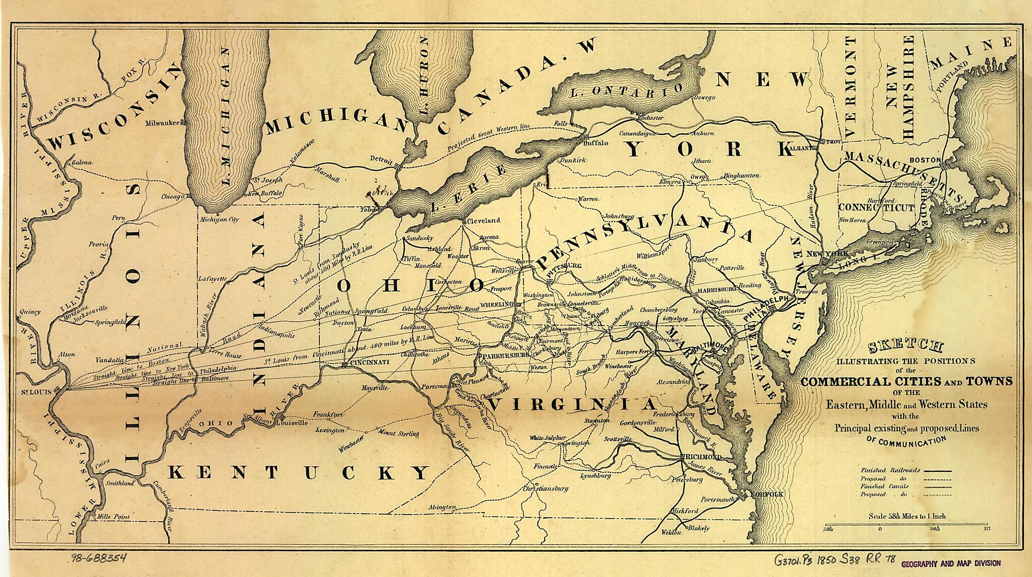This old map of Sketch Illustrating the Positions of the Commercial Cities and Towns of the Eastern, Middle and Western States With the Principal Existing and Proposed Lines of Communication from 1850 was created by in 1850