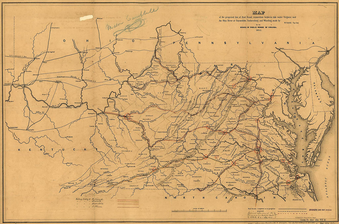 This old map of Map of the Proposed Line of Rail Road Connection Between Tide Water Virginia and the Ohio River at Guyandotte, Parkersburg and Wheeling from 1852 was created by W. Vaisz, Virginia. Board of Public Works in 1852