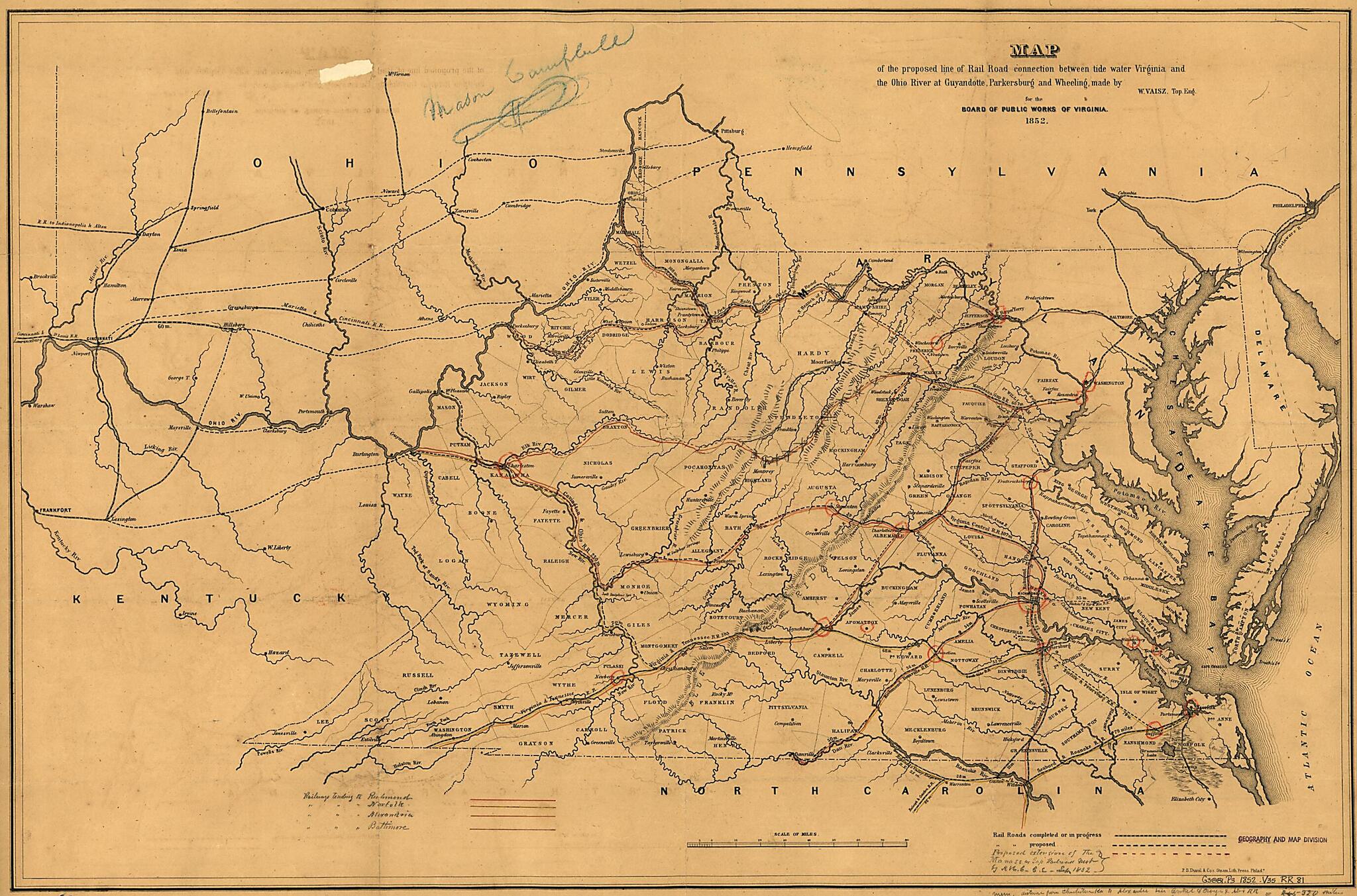 This old map of Map of the Proposed Line of Rail Road Connection Between Tide Water Virginia and the Ohio River at Guyandotte, Parkersburg and Wheeling from 1852 was created by W. Vaisz, Virginia. Board of Public Works in 1852